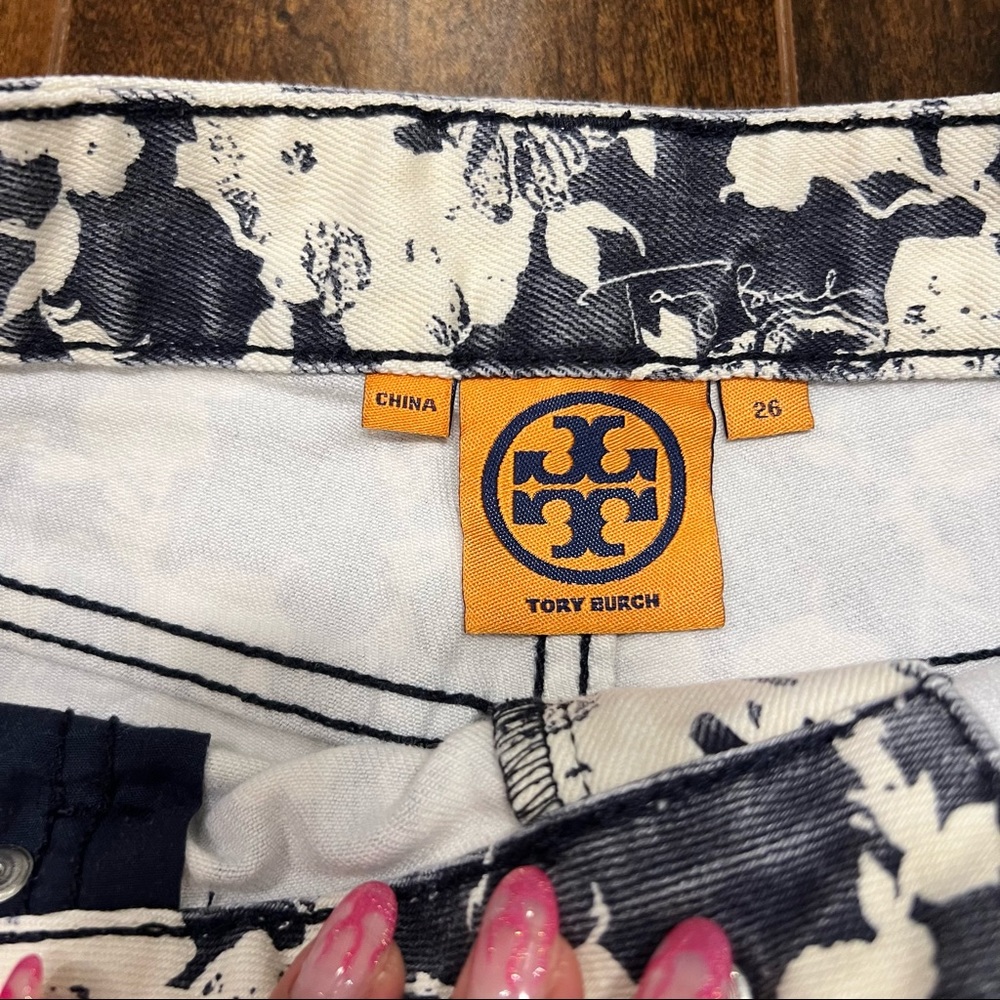 TORY BURCH Navy & White Floral Alexa Denim Shorts
